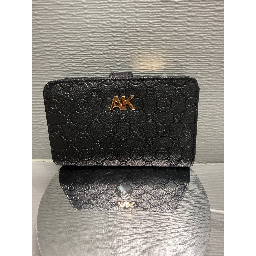 Anne Klein Black Embossed Logo Bifold Wallet Gold Hardware Snap Closure